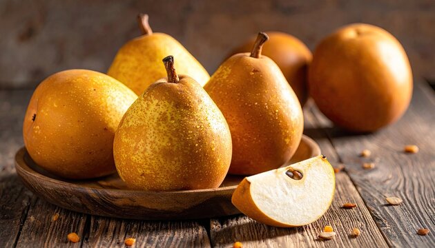 Fresh Asian pears on rustic wood surface: studio shot highlighting golden fruit healthy eating concept and culinary ingredient
