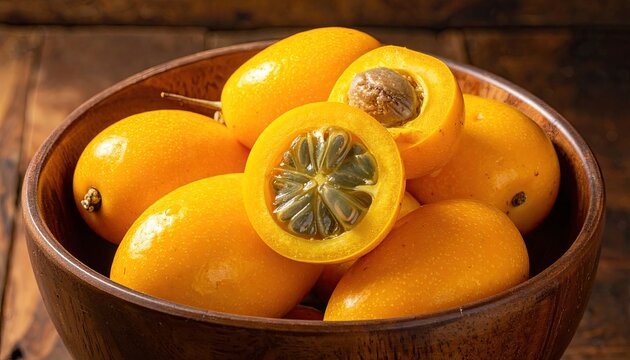 Close-up of vibrant yellow naranjilla fruits in a wooden bowl showcasing their unique texture color and freshness for healthy eating themes