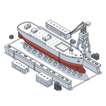Dry dock ship repair and maintenance facility with cranes and equipment.
