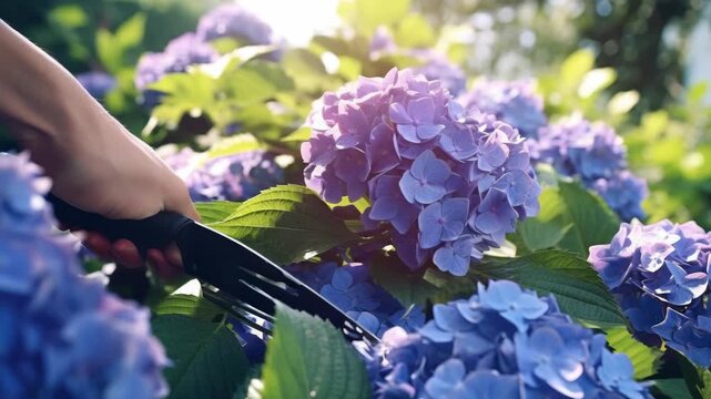 Gentle hand holds pruning tool near hydrangea blooms. Sunlight glows softly through lush green leaves. Delicate purple flowers sway gently in breeze. Hand moves slowly, preparing to trim stems