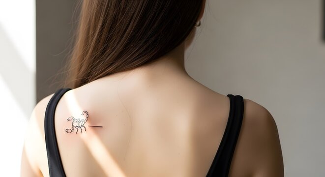 Female back view with small scorpion shoulder tattoo minimal style