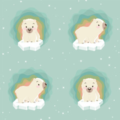 Cute polar bear cubs on the icebergs with aurora and constellations. Seamless pattern, print, wrapping. Vector illustration. © Jellicle