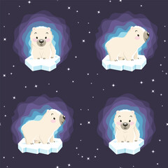Cute polar bear cubs on the icebergs with aurora and constellations. Seamless pattern, print, wrapping. Vector illustration. © Jellicle