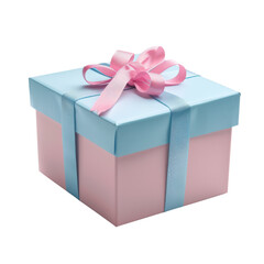 Obraz premium Pink gift box with blue ribbon and bow, studio close-up isolated on Transparent Background