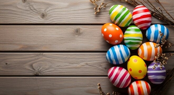 Vibrant easter eggs on rustic wooden background with natural elements