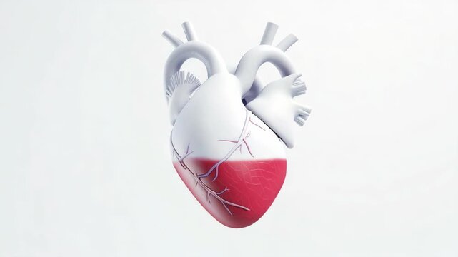 Floating heart model, clean white background. Detailed arteries and veins visible. Soft lighting highlights anatomical curves. Minimal motion, steady focus on structure