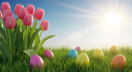 Vibrant easter eggs and tulips in sunny green grass field