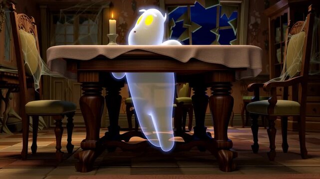 Cartoon ghost in a haunted dining room with cobwebs and broken window