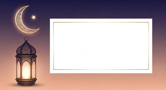 A vector graphic illustration of a lantern with a crescent moon and star on a gradient background with a blank text box for Ramadan or Eid celebrations