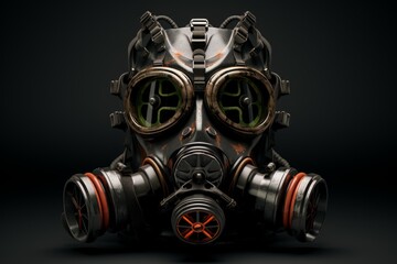 Gas mask featuring orange and green elements on a dark, industrial background