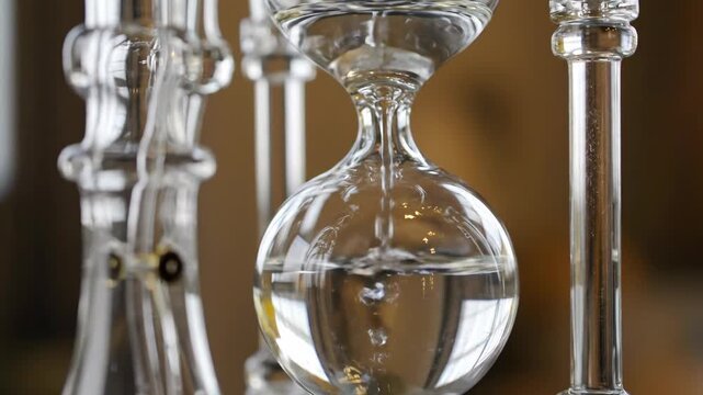 Close-up of an antique glass hygrometer filled with clear liquid.