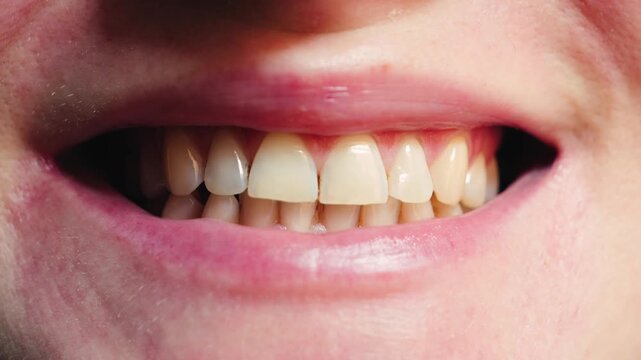 Close-up of a smiling woman's, teeth, healthy natural smile. Concept of dental care and oral health medicine. 