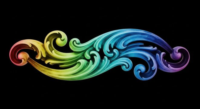 Rainbow Baroque Scrollwork Ornament Flourishing on Black Background for Luxury Design and Pride Events