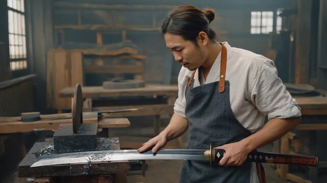 Japanese craftsman making a katana.