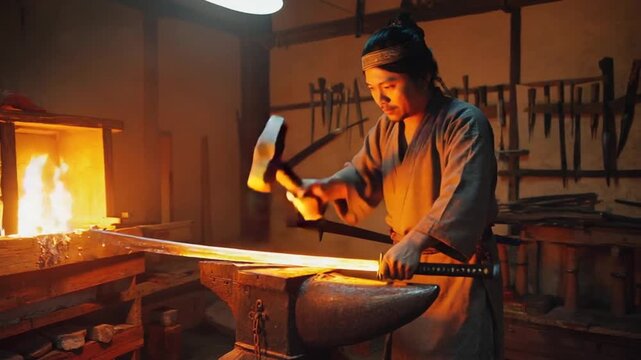 Japanese craftsman making a katana.