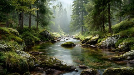 Obraz premium Tranquil crystal-clear forest stream flowing gently over smooth colorful mossy rocks, lush vibrant green pine trees and ferns on the banks.