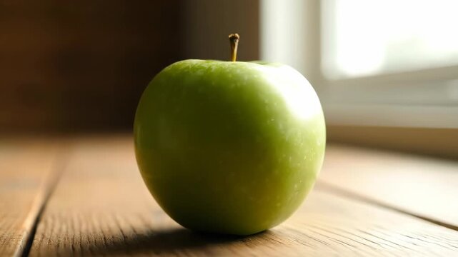Fresh green apple on wooden surface near bright window light