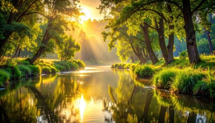 Obraz premium Tranquil river reflecting sunlight through green forest foliage creating a serene nature scene for peaceful relaxation and escape