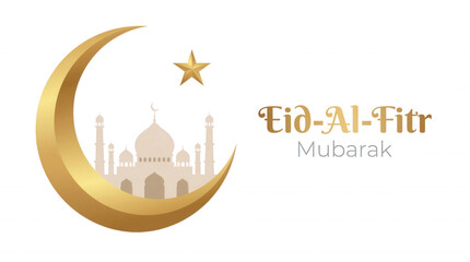 Elegant eid al fitr mubarak design featuring golden crescent moon mosque and star on black background
