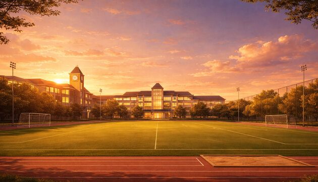 AI Generated School Athletic Field at Sunset