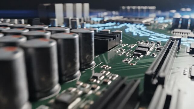 Close-up of a circuit board with components and glowing blue traces.  Focus on capacitors