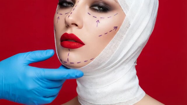 Cosmetic surgery process with marked facial lines and bandaging on a model in a studio setting