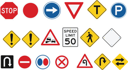 Traffic road signs collection including stop, parking, warning and direction symbols, transportation vector illustration set © meri999