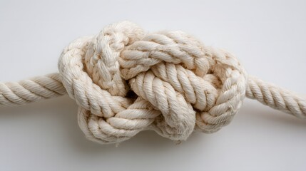 Fototapeta premium Macro close up of white rope knot isolated on clean background. Symbol of strength, connection, teamwork, security, unity and problem solving concept for business or design.