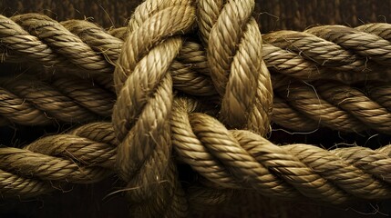 Fototapeta premium Macro close up of strong natural fiber rope knot with detailed texture on dark background. Concept of strength, connection, teamwork, resilience, security and partnership.
