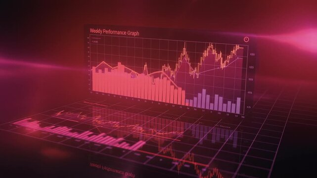 Magenta holographic market chart volatility with fluctuating lines and bar histograms on grid floor, pulsing data points, angled perspective, trading and crypto analysis mood