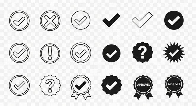 A set of black and white checkmark icons and approval symbols in various styles on a transparent background