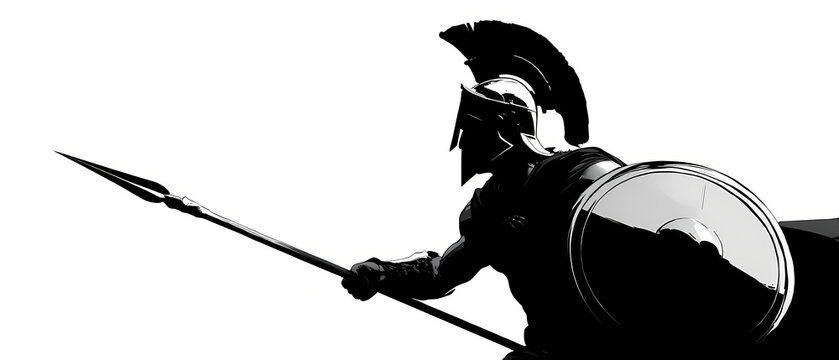Spartan hoplite warrior stands in silhouette against a bright background ancient history concept minimal line art