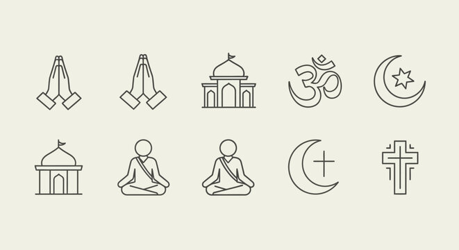 Religious Symbols and Icons in Simple Line Art.