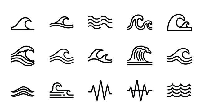 Minimalist wave and seagull designs in a black outline silhouette