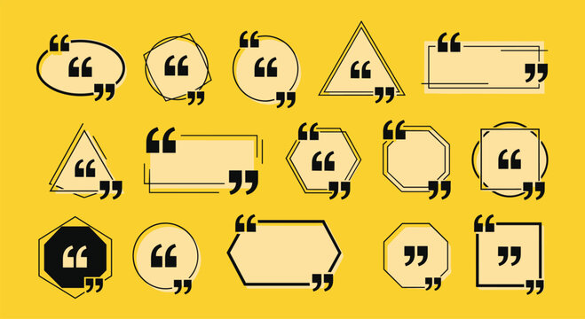 Set of various black quote and speech bubbles in different geometric shapes on a yellow background for web design and text highlights.