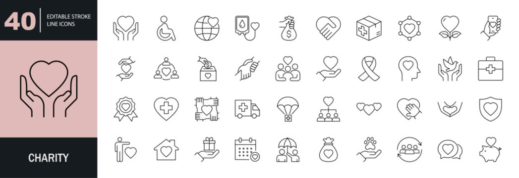 Charity icon set. Containing donation, volunteer, humanitarian, help, support, social care, friendship, fundraising, volunteering, and more. Editable line icons. Vector illustration.