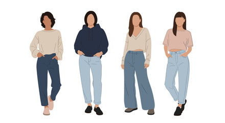 Obraz premium Group of diverse women standing together in various casual outfits including sweaters, hoodies, and different styles of jeans.