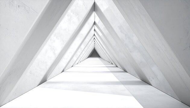 White triangle tunnel with converging lines and light, creating depth and a minimalist aesthetic