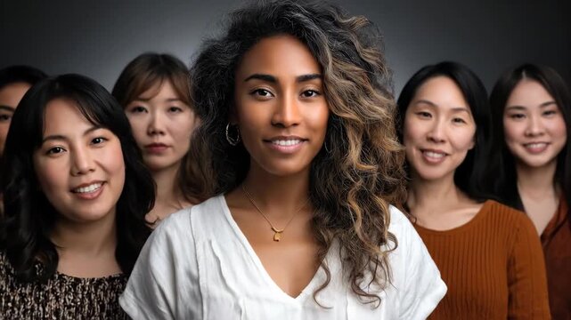 A diverse group of women showcasing unity and strength through shared expressions and connections in an empowering and supportive setting