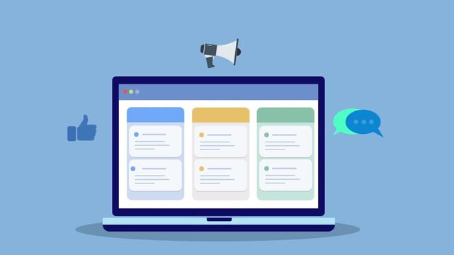 Flat vector animation of laptop marketing dashboard with megaphone, like icon, and chat bubble representing social media marketing, audience engagement, and digital business promotion.