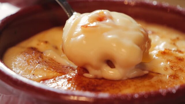 Typical dessert of Catalan cuisine, Crema catalana. Consists of a custard made from egg yolks, usually topped with a layer of caramelized sugar for a crunchy contrast. Traditionally enjoyed on St. Jos
