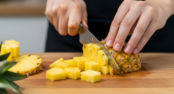 A person cutting a fresh pineapple on a wooden cutting board with a knife