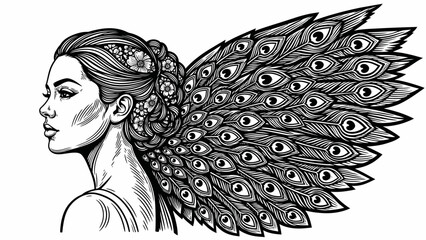 Woman with Peacock Feather Wings, Profile View, Elegant Hairstyle, Black and White Illustration © kiki__