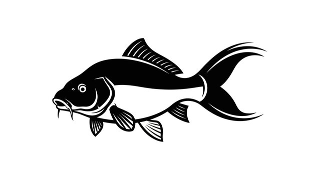 Black and White Carp Fish Illustration, Koi Fish, Vector Art, Isolated on White Background