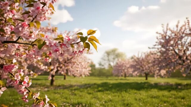Blooming trees in a peaceful field under a blue sky landscape