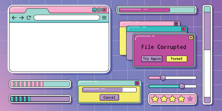 Retro Computer Interface UI Windows Error Message Pixel Style Vector Set