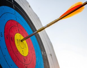 Arrow hits target bullseye for success in archery sport; hitting goal on colorful board
