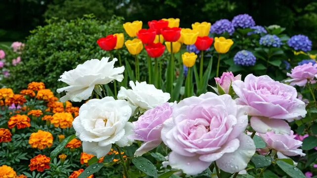 Beautiful garden with tulips, roses, and hydrangeas in full bloom.
