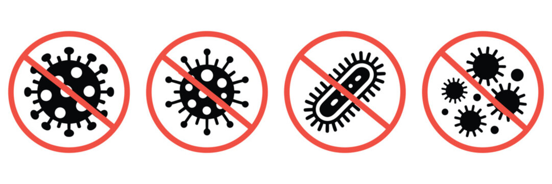 No Virus Infection icons vector illustration, stop germs bacteria coronavirus prevention symbols, red warning circles, health safety and hygiene alert graphic design.