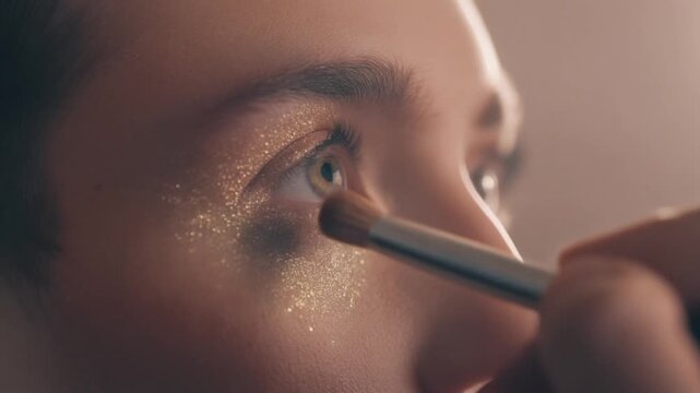 Makeup artist applying eyeshadow to model's eye with precision brush stroke in studio lighting conditions close-up shot